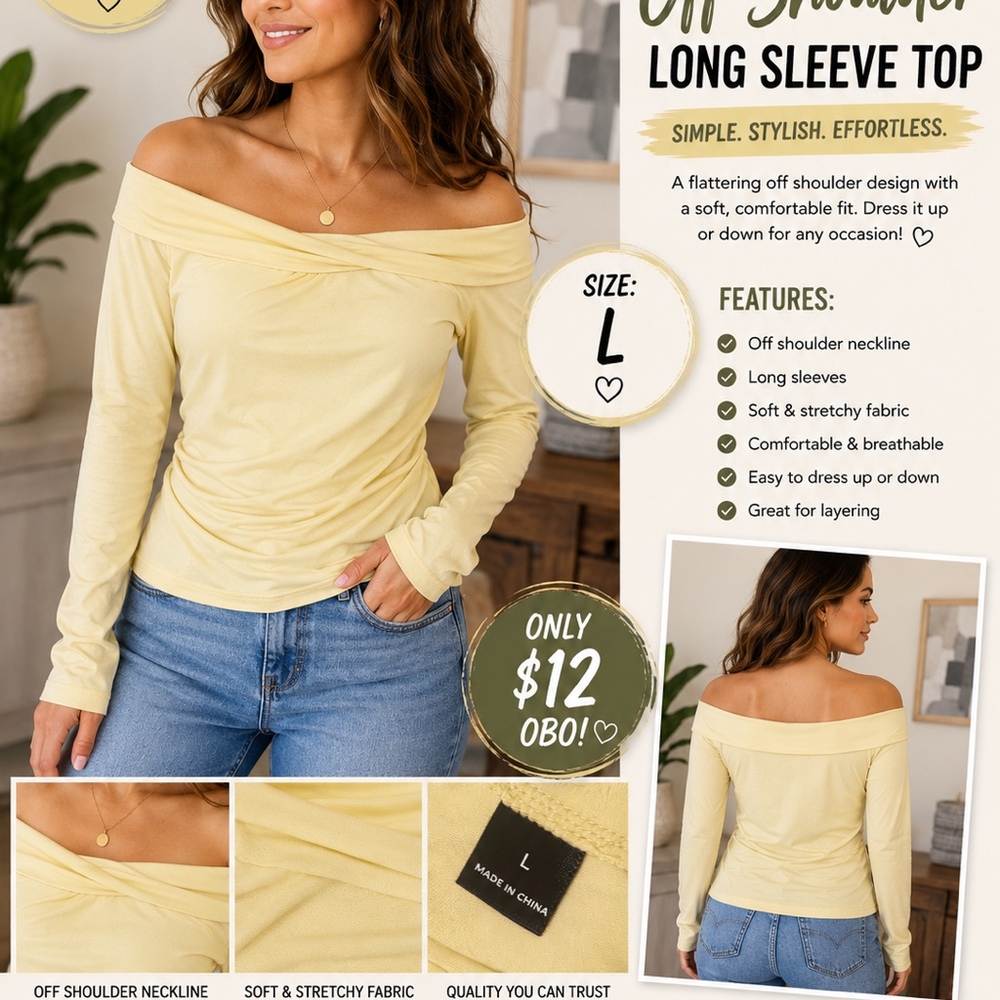 Butter Yellow Off-the-Shoulder Long Sleeve Top – Women’s Large | Soft & Trendy